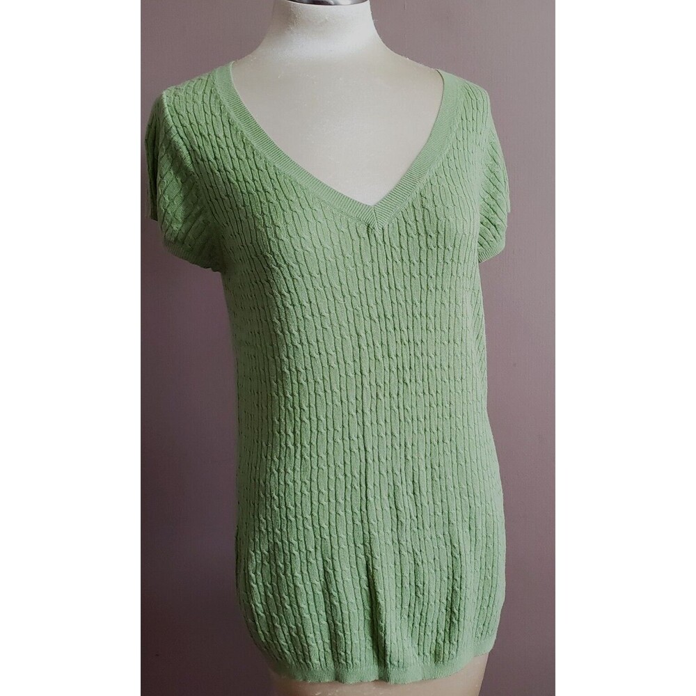 Gap V-Neck Shirt Knit Top XL Leaf Green Short Sleeve Cables 100% Cotton Long Bod